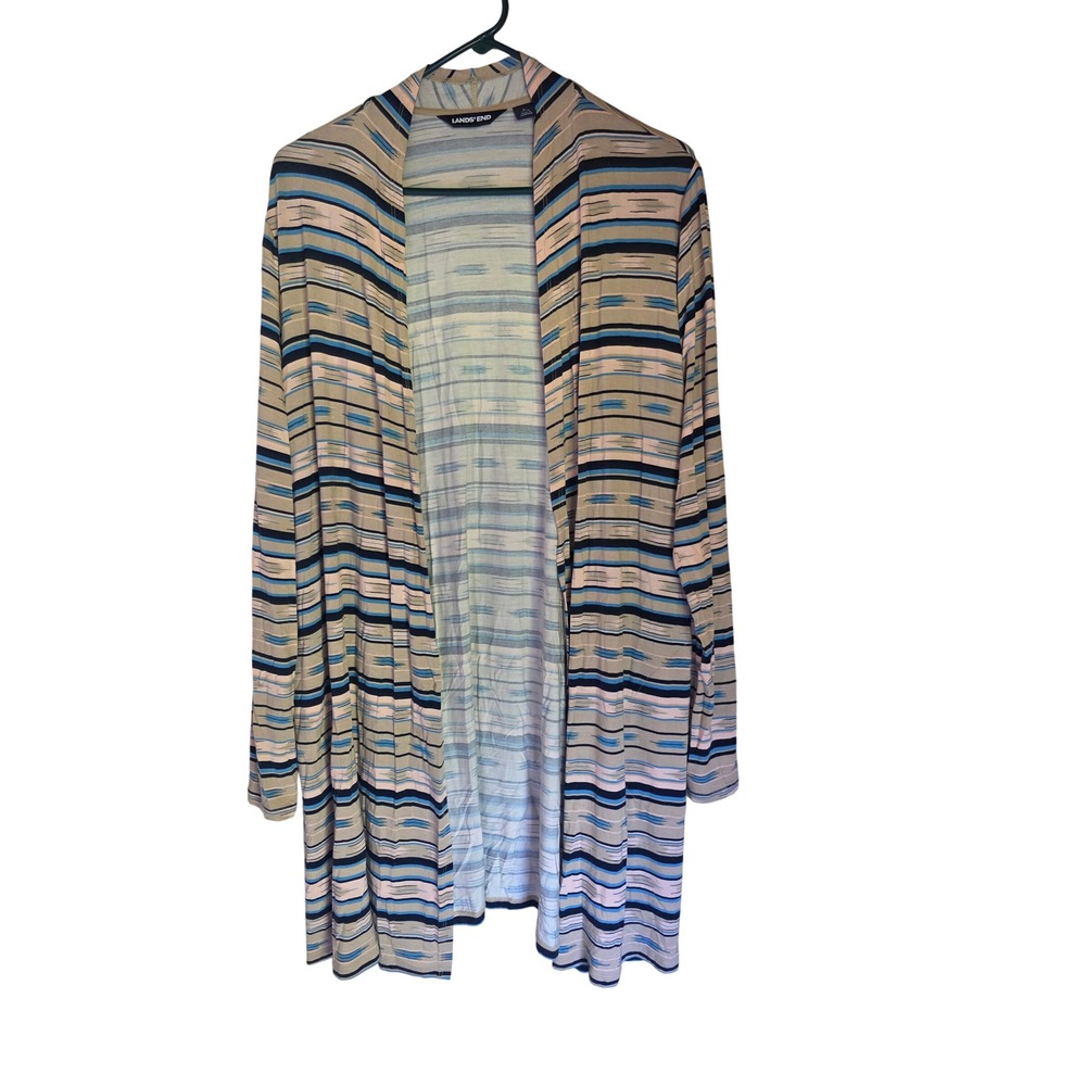 Lands End Womens Large 14-16 Striped Open Front Cardigan Longline Pocket Blue